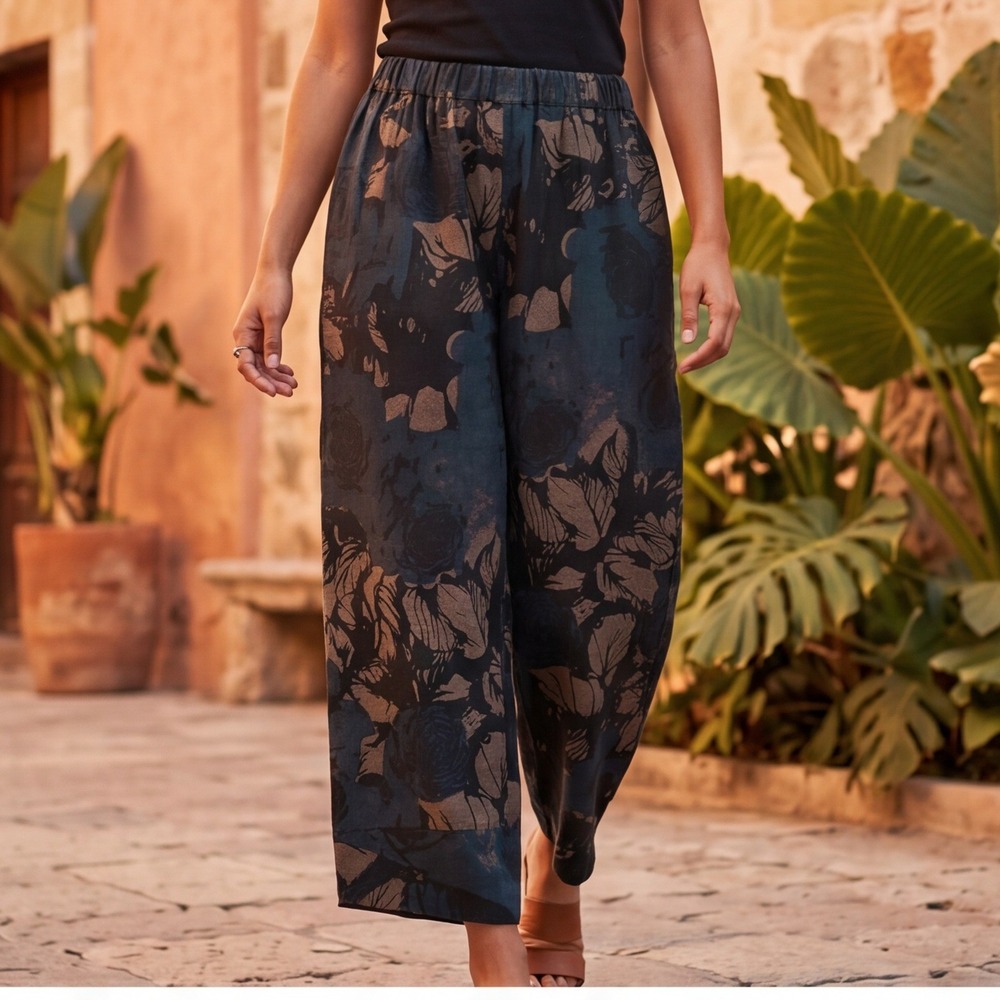 Pantalon XXL Floral Wide Leg Crop Pants Blue Brown Flowy Earthy Boho NWT - Picture 2 of 14